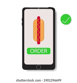 Order hot dog online in mobile app vector illustration. Food delivery smart phone