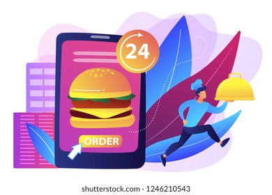 Order huge hamburger on tablet available 24 hours and a cook delivering dish. Food delivery service, online food ordering, 24 7 food service concept. Bright vibrant violet vector isolated illustration