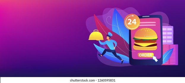 Order huge hamburger on tablet available 24 hours and a cook delivering dish. Food delivery service, online food ordering, 24 7 food service concept. Header or footer banner template with copy space.