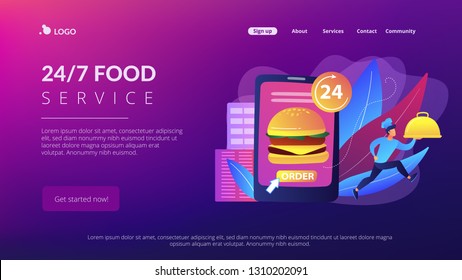 Order huge hamburger on tablet available 24 hours and a cook delivering dish. Food delivery service, online food ordering, 24 7 food service concept. Website vibrant violet landing web page template.