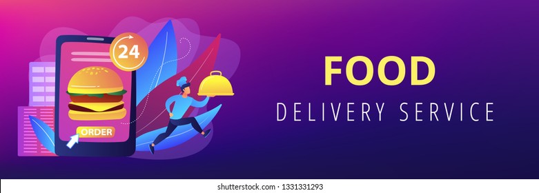 Order huge hamburger on tablet available 24 hours and a cook delivering dish. Food delivery service, online food ordering, 24 7 food service concept. Header or footer banner template with copy space.