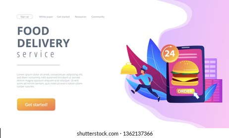 Order huge hamburger on tablet available 24 hours and a cook delivering dish. Food delivery service, online food ordering, 24 7 food service concept. Website vibrant violet landing web page template.