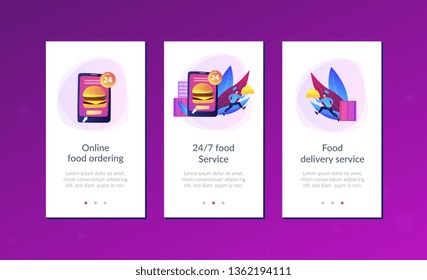 Order huge hamburger on tablet available 24 hours and a cook delivering dish. Food delivery service, online food ordering, 24 7 food service concept. Mobile UI UX GUI template, app interface wireframe