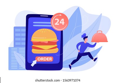 Order huge hamburger on tablet available 24 hours and a cook delivering dish. Food delivery service, online food ordering, 24 7 food service concept. Pinkish coral bluevector isolated illustration