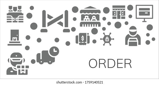 Ordnungssymbol eingestellt. 11 gefüllte Ordnungssymbole.  Einfache, moderne Symbole wie: Bullet-Probeweste, Polizeilinie, Lieferung, Rechnung, Vpn, Lebensmittelgeschäft, Lieferant, Online-Store