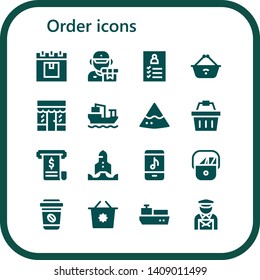 order icon set. 16 filled order icons.  Simple modern icons about  - Delivery, Register, Shopping basket, Grocery, Cargo ship, Nachos, Invoice, Startup, Online store, Postman