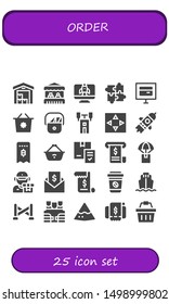 order icon set. 25 filled order icons.  Simple modern icons about  - Delivery, Grocery, Startup, Puzzle, Online store, Shopping basket, Postman, Semaphore, Move, Invoice, Take away
