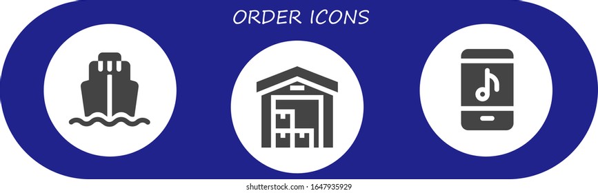 Ordnungssymbol eingestellt. 3 gefüllte Ordnungssymbole. Inbegriffen Frachtschiff, Lieferung, Icons von Online-Shops