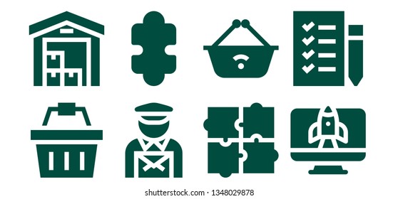order icon set. 8 filled order icons.  Collection Of - Shopping basket, Delivery, Postman, Puzzle, Startup, Shopping list
