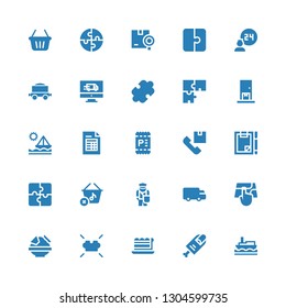 order icon set. Collection of 25 filled order icons included Ship, Finger, Piece, Puzzle, Nachos, Point, Shipping, Postman, Shopping basket, Forms, Invoice, Delivery, Freight