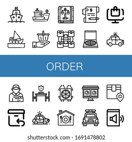 Order Icon Set. Collection Of Ship, Shopping Basket, Law Book, Logistics, Invoice, Pizza Box, Online Order, Police Car, Deliveryman, Return, Reservation, Pizza Deliver, Home Delivery Icons