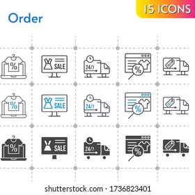 order icon set. included online shop, delivery truck icons on white background. linear, bicolor, filled styles.