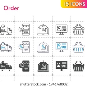 order icon set. included online shop, shopping-basket, delivery truck, shopping basket icons on white background. linear, bicolor, filled styles.