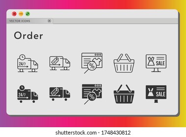 order icon set. included online shop, shopping-basket, delivery truck, shopping basket icons on white background. linear, filled styles.