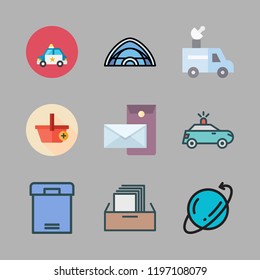 order icon set. vector set about postal, filing cabinet, police car and box icons set.