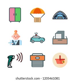 order icon set. vector set about barcode scanner, police car, waitress and delivery icons set.