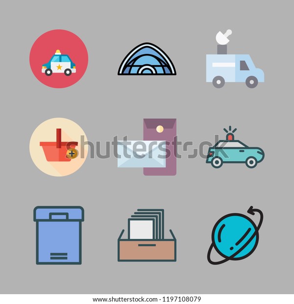 order icon set. vector set about postal,
filing cabinet, police car and box icons
set.