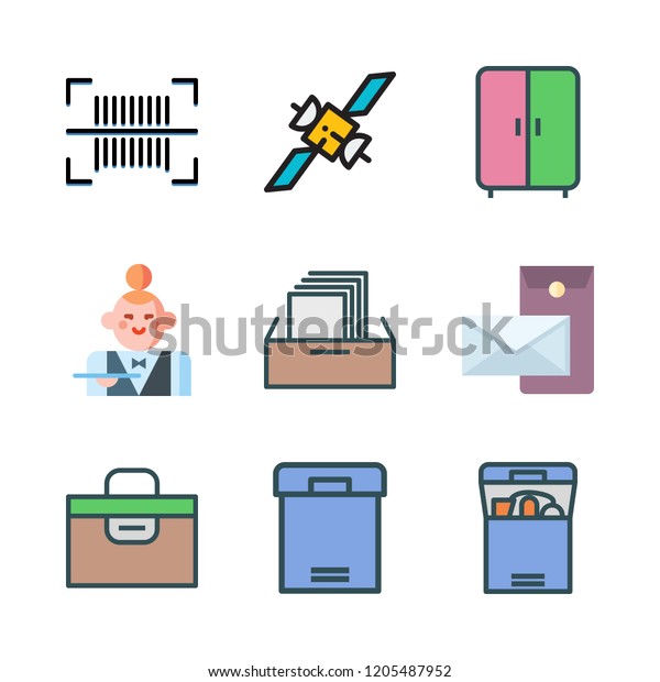 order icon set. vector set about filing\
cabinet, wardrobe, box and van icons\
set.