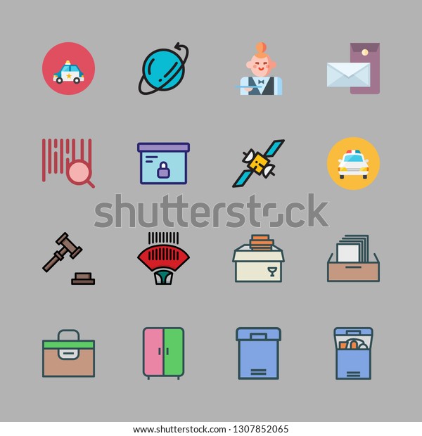 order icon set. vector set about postal,\
box, filing cabinet and police car icons\
set.