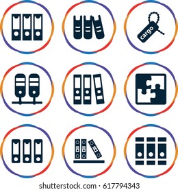 Order icons set. set of 9 order filled icons such as binder, cargo tag
