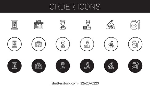 order icons set. Collection of order with phone box, shopping basket, postman, delivery courier, ship, products. Editable and scalable order icons.