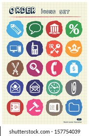 Order, law and heraldic web icons set drawn by chalk. Hand drawn vector elements pack isolated on paper