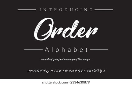 Order Lettering font isolated on black background. Texture alphabet in street art and graffiti style. Grunge and dirty effect.  Vector brush letters.