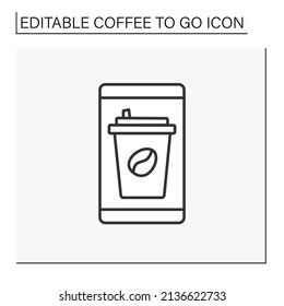 Order line icon. Buying coffee takeaway by mobile phone application. Coffee to go concept. Isolated vector illustration. Editable stroke