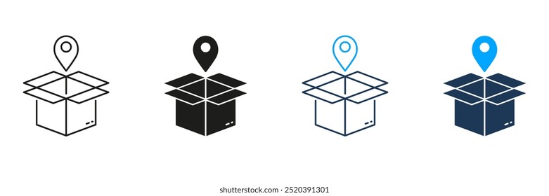 Order Location Line and Silhouette Icon Set. Pointer with Box, Shipping Sign. Pick Up Package Icon. Delivery Service Pictogram. Receive Parcel Place. Editable Stroke. Isolated Vector Illustration.