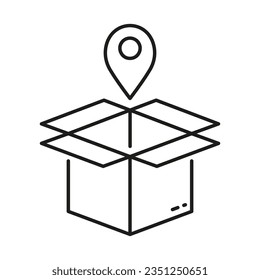 Order Location Outline Symbol. Pointer with Box, Shipping Sign. Pick Up Package Line Icon. Delivery Service Linear Pictogram. Receive Parcel Place. Editable Stroke. Isolated Vector Illustration.