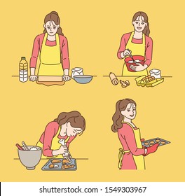 La orden de hacer pan. Una chica está horneando galletas. ilustraciones de diseño vectorial de estilo dibujado a mano.