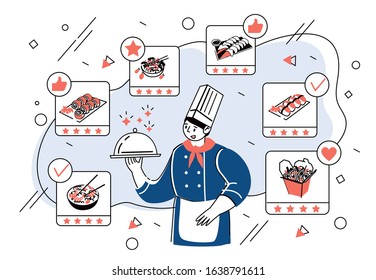 Order a meal online banner. A professional chef holding the dish in his hand. Asian food blog concept.