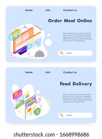 Order meal online. Food fast delivery app. Vector web site design template. Landing page website concept isometric illustration