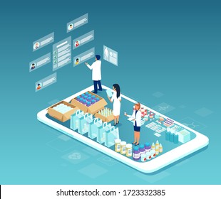 Order medicine over the internet. Vector of online pharmacy, with pharmacist communicating with patients via mobile app