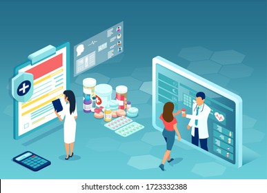 Order Medicine Over The Internet. Vector Of Online Pharmacy, With Pharmacist Communicating With Patients Via Mobile App