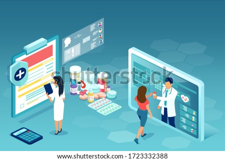 Order medicine over the internet. Vector of online pharmacy, with pharmacist communicating with patients via mobile app