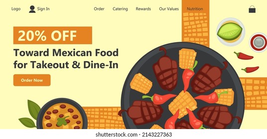 Order mexican food online in internet shop of restaurant or cafe. 20 percent off price for production, grilled meat and corn, soup with peas. Website landing page template, vector in flat style