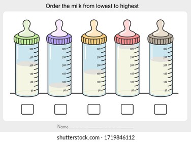 Order the milk in bottle from lowest to highest - Worksheet for education.