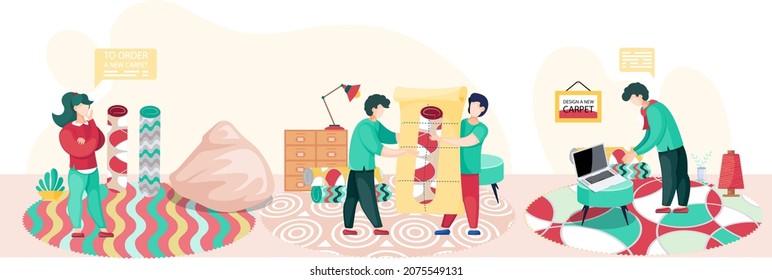 To order a new carpets. People working on design of new carpet, interior shop scenes set. Designers stand near table with rug in room with rolled tapis, choose materials, commercial textile factory