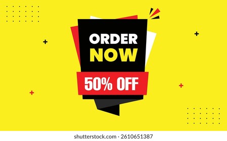 Order now 50% off editable banner vector illustration design white red black gradient shapes yellow business background modern sale template abstract elements vibrant layout promotion offer