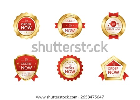Order Now Badge Set in Red and Gold – Elegant Promotional Labels for Online Stores and Ads