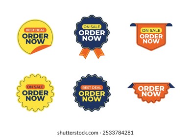 Order Now badges. Sale quality tags and labels. Template banner shopping badges. Special offer, buy now, sale, discount, shop, black friday. Vector Pack illustration.