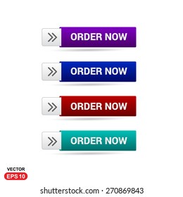 Order Now Button. Abstract beautiful text button with icon. Purple Button, Blue Button, Red Button, Green Button, Turquoise button. web design element. Call to action gray icon button