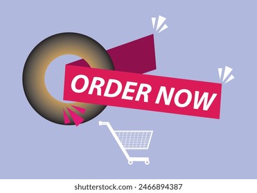 Pide ahora Botón con Carrito de compras. Colección moderna colorida para el Sitio web. Compras en línea. Publicación en redes sociales, Hacer clic aquí, aplicación, Botones haciendo clic. Elementos de Diseño web. Vector e ilustración. 
