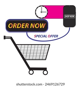 Pide ahora Botón con Carrito de compras. Colección moderna colorida para el Sitio web. Venta en línea. Publicación en redes sociales, Hacer clic aquí, aplicación, Botones haciendo clic. Elementos de Diseño web. Vector e ilustración.