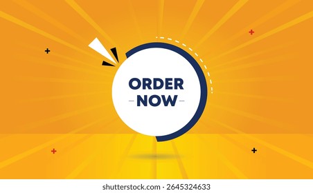 Order now editable icon badge vector art illustration web banner template design with white dark blue shapes orange yellow abstract sun shine background perfect for modern branding and promotion