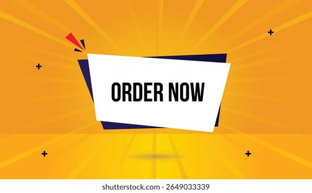Order now editable web banner vector art illustration badge icon label design template with white blue gradient white shapes orange yellow sun shine abstract background unique business elements