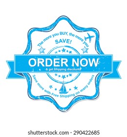 Order now and get shipping discounts rubber grunge sticker.  Blue label for shops, containing  plane and ship shapes o a grunge background. Print colors used.