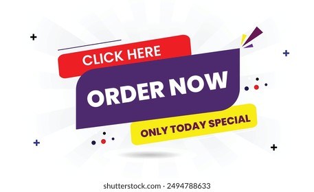 Order now only today! Special offer with 'click here' banner design featuring a white background and striking dark purple, light yellow, and shiny red vector shapes banner, tag, offer, vector, buy