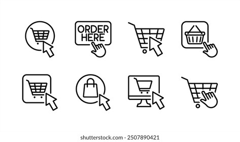 Haga su pedido ahora, compre, compre y reserve el conjunto de iconos de línea de Botón. Conteniendo tienda en línea, orden del Hacer clic aquí, bolso o Carrito de compras, cesta. Ilustración vectorial